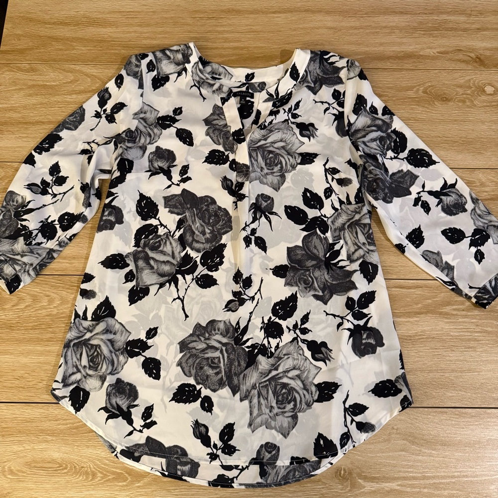 Talbots Black and White Floral Blouse
